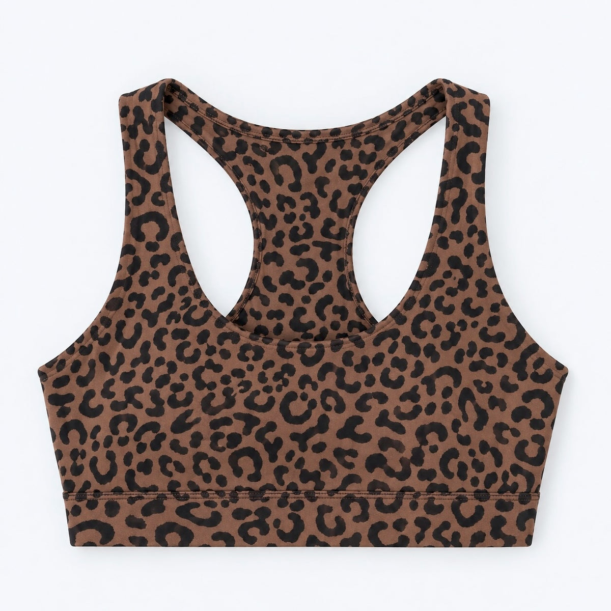 A brown and black leopard print sports bra with a racerback design, shown flat against a white background.