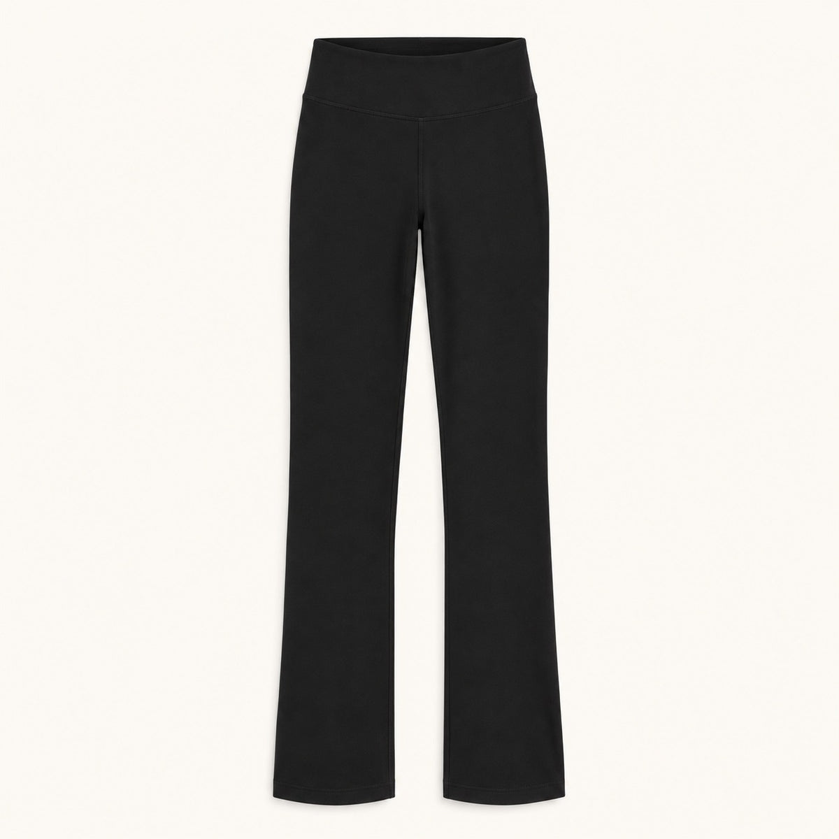 Black high-waisted organic leggings flared leggings, shown flat against a solid off-white background.
