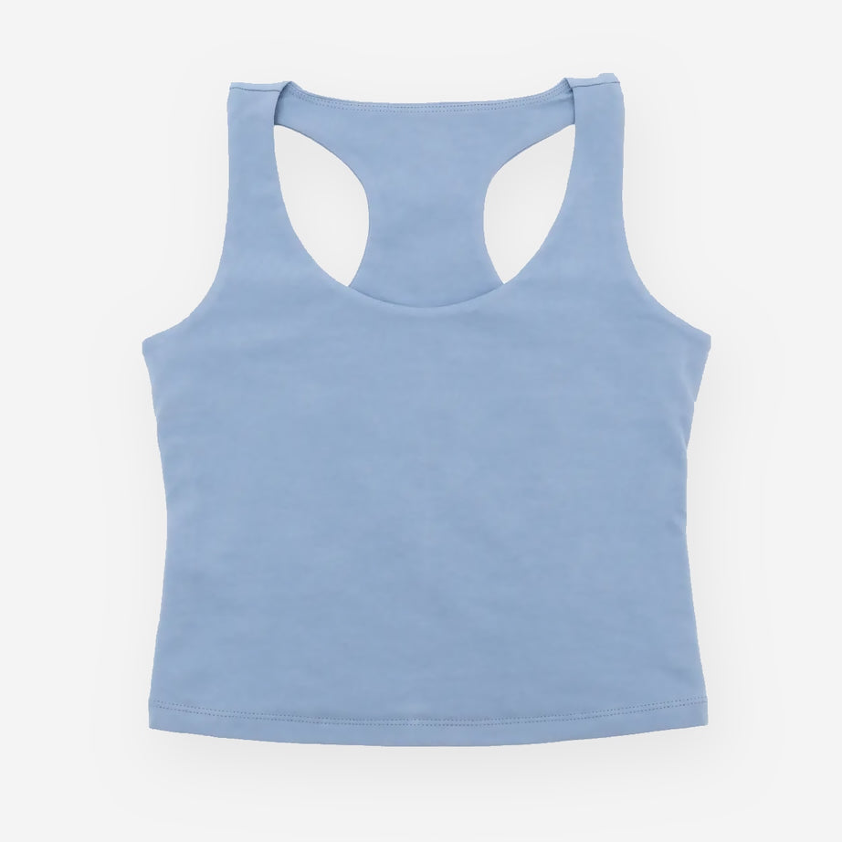 Light blue organic cotton tank top on a white background