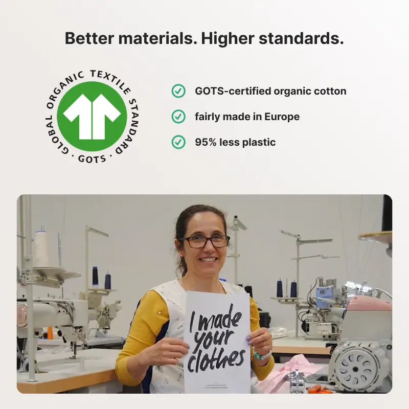 Person holding a sign in a sewing room with text about organic cotton and fair manufacturing practices.