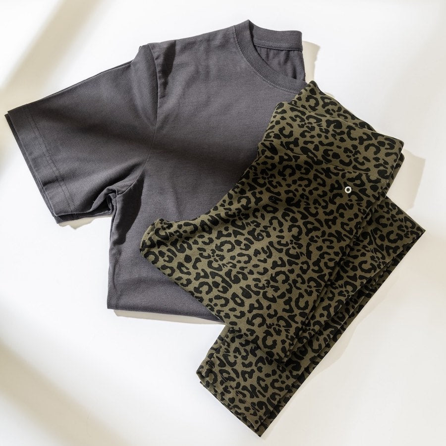 Gray t-shirt and leopard print pants on a white background
