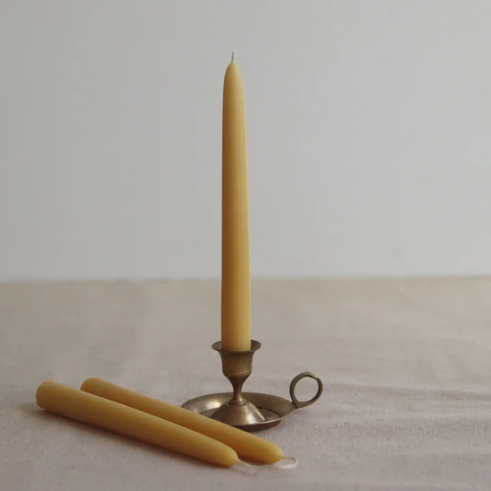  beeswax  dinner candles and a small metal candle holder on a neutral background