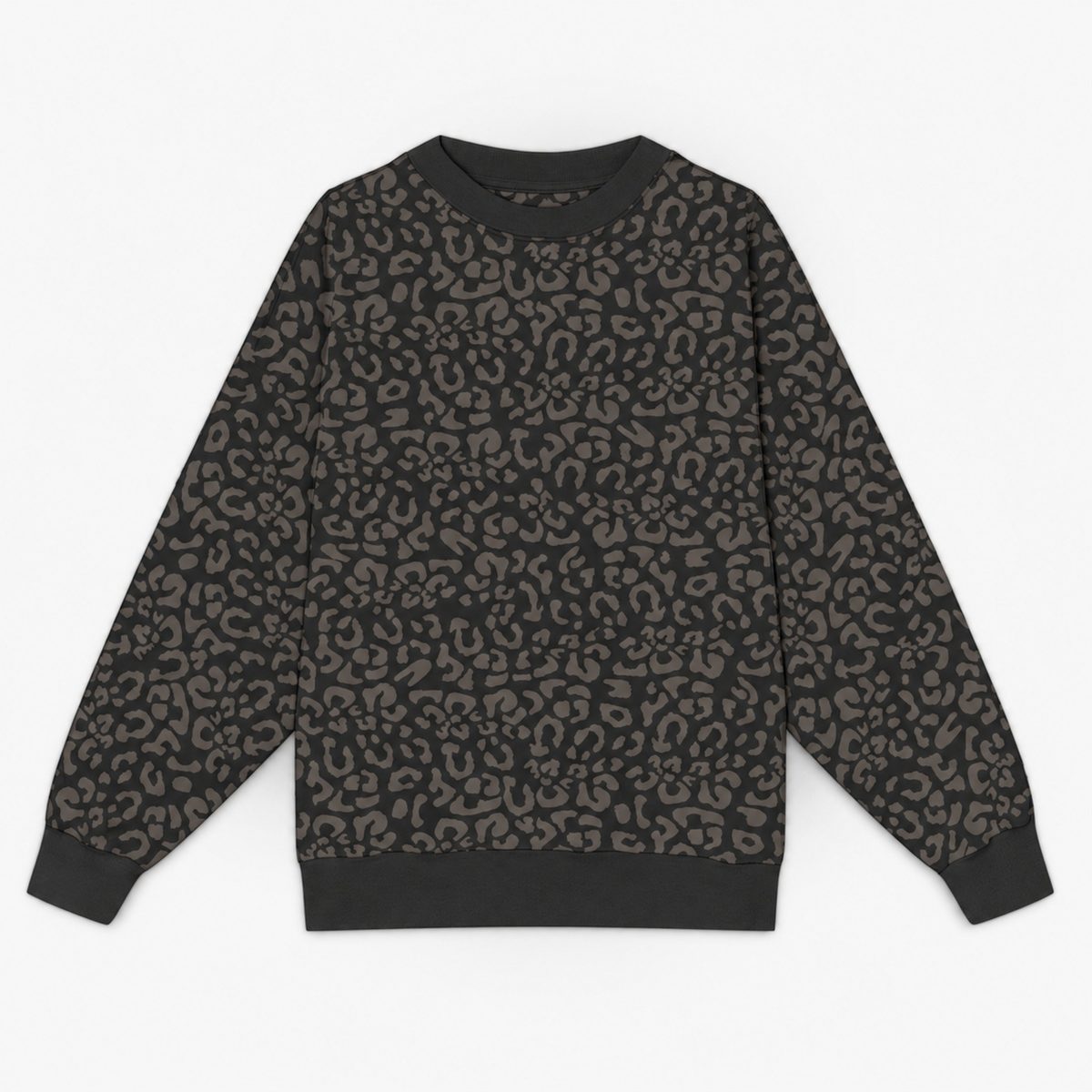A long-sleeve crewneck leopard sweater made from organic cotton  with solid black ribbed cuffs, hem, and collar, displayed flat against a light gray background.