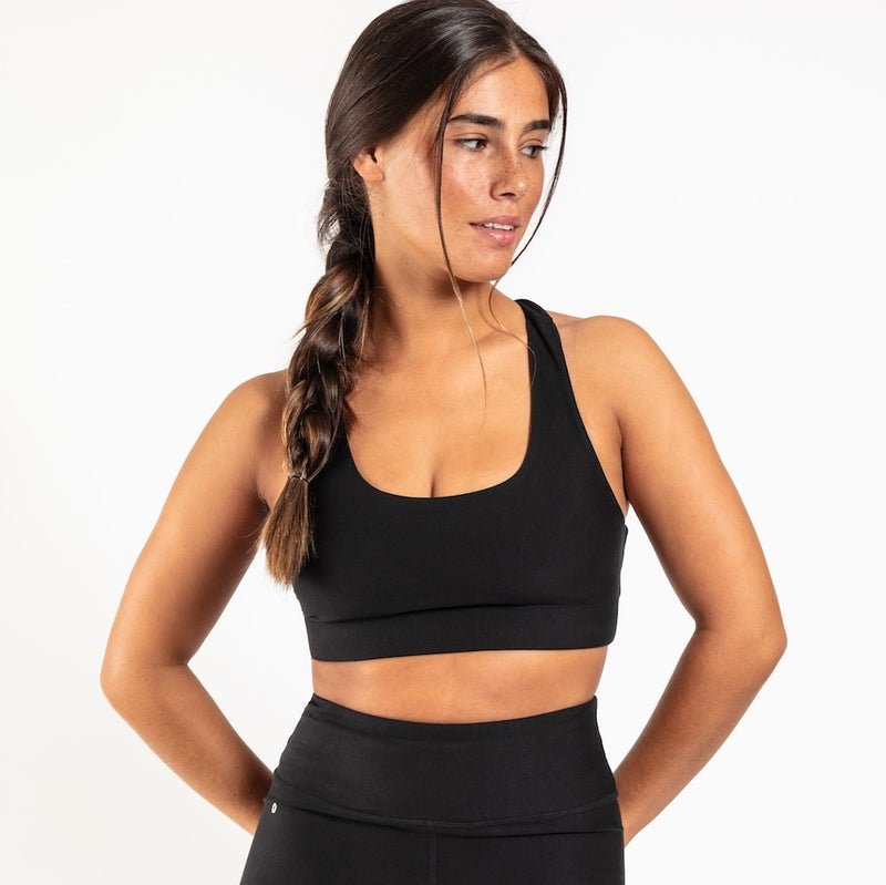 Organic cotton sports bra in black, front view