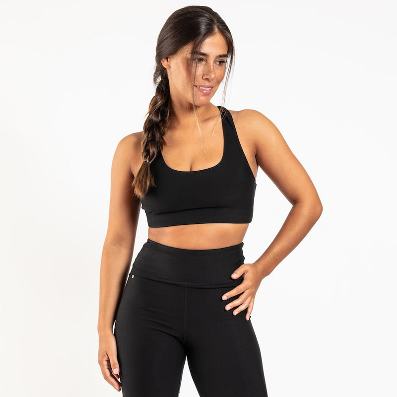 Organic cotton sports bra in black, front view
