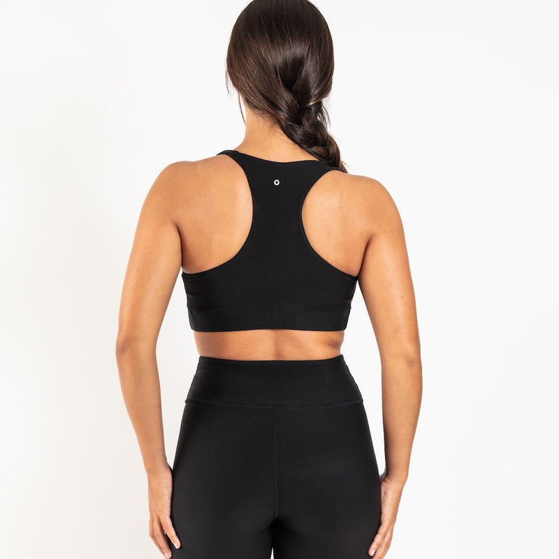 Organic cotton sports bra in black, back view