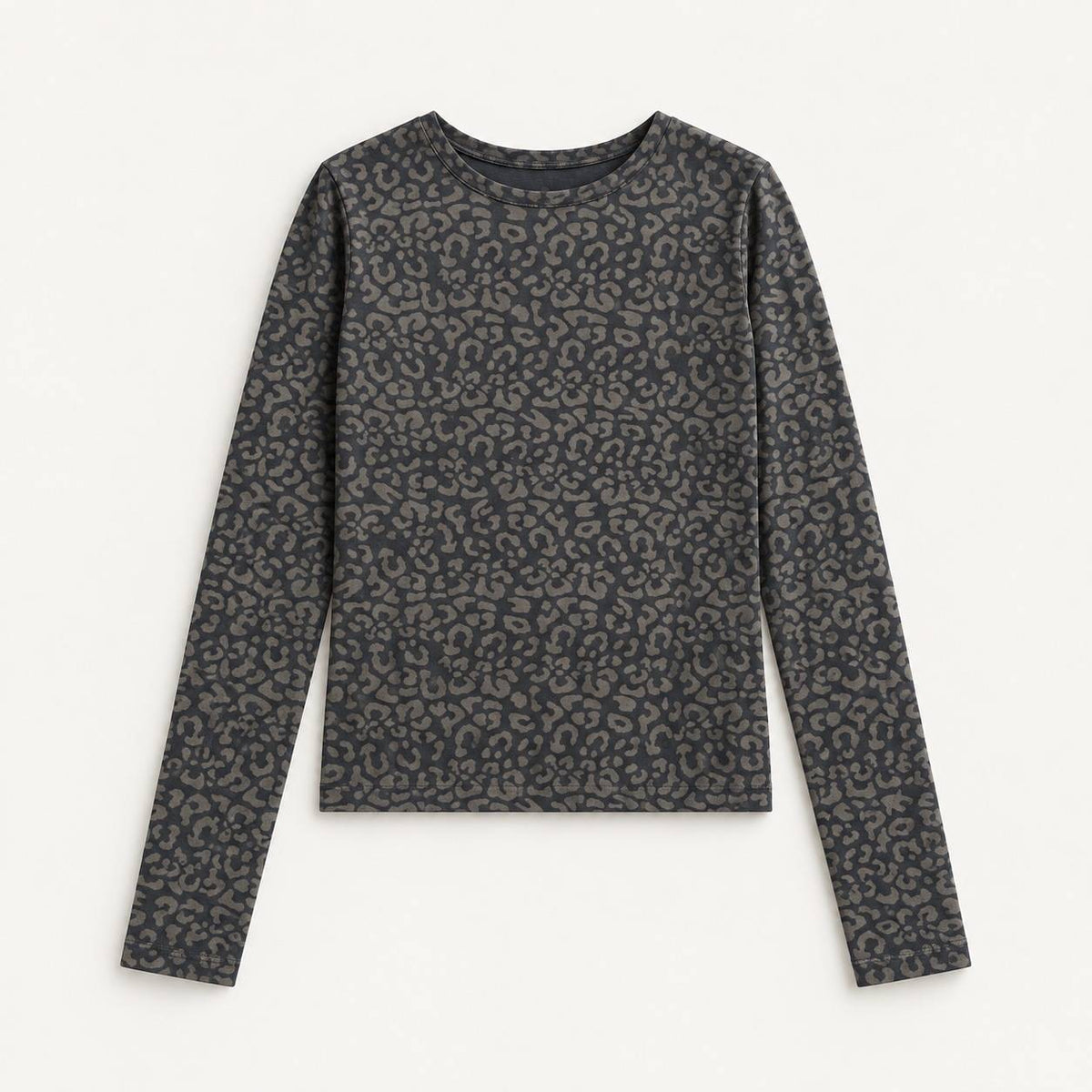A  black leopard long sleeve top with an all-over dark gray and black leopard print pattern, displayed flat against a light off-white background.