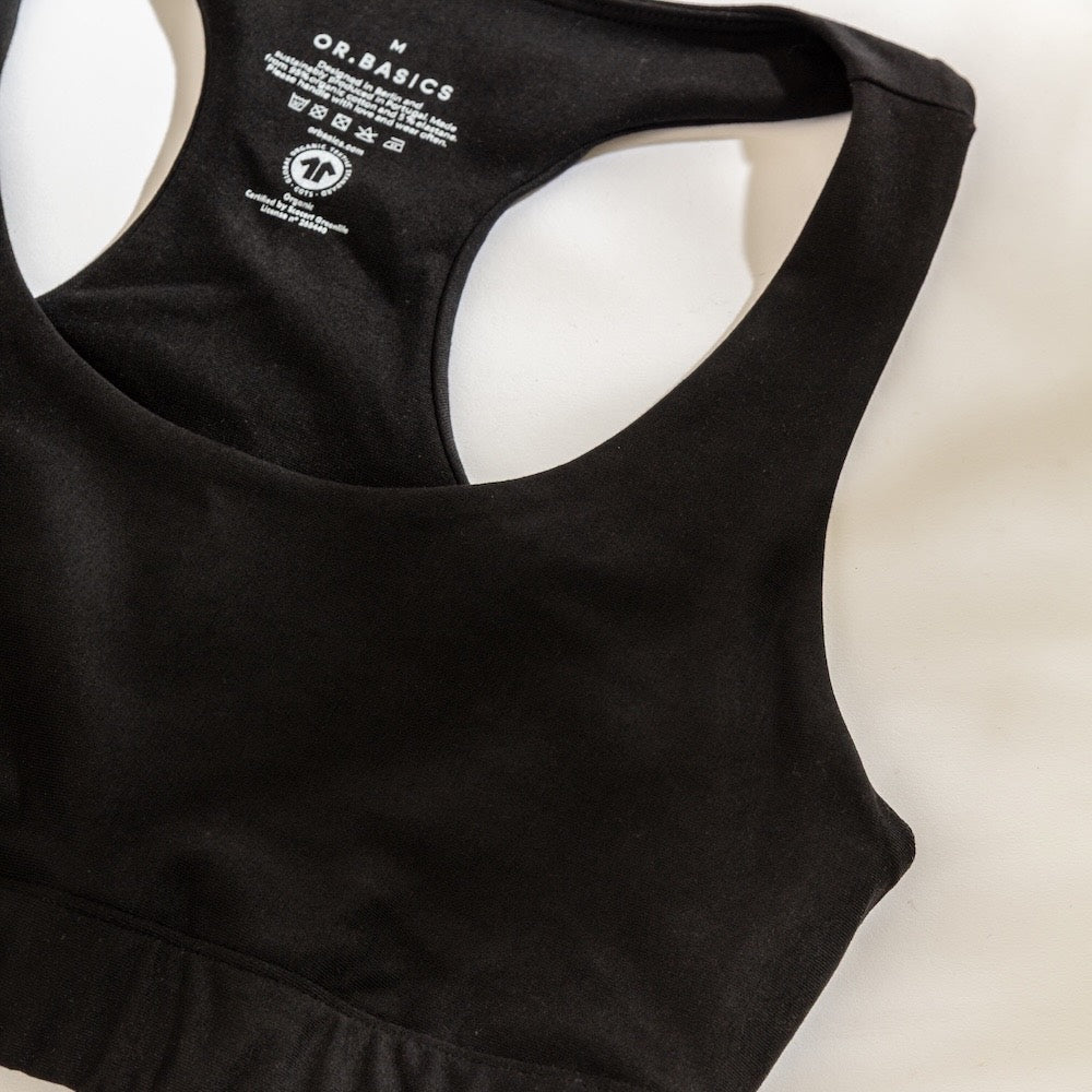 Inside label of GOTS‑certified organic cotton sports bra