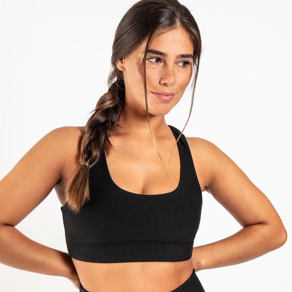 Organic cotton sports bra in black, front view