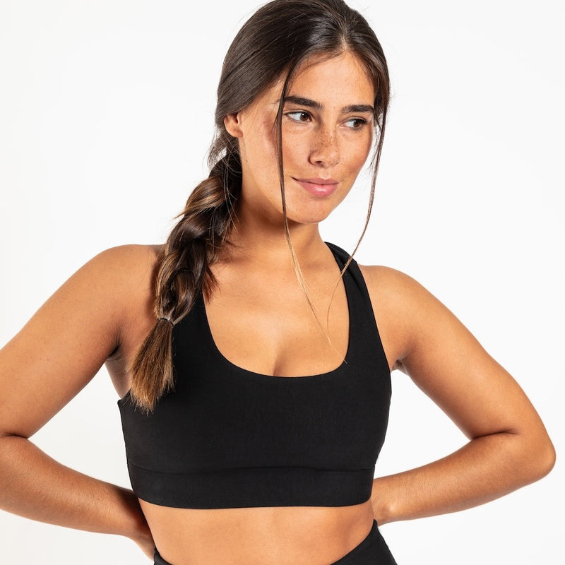 Organic cotton sports bra in black, front view