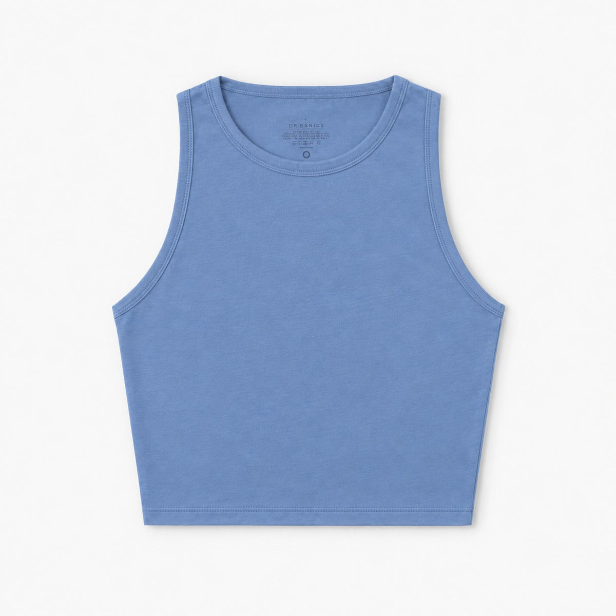 A sleeveless cropped tOrganic Cotton Tank Top with built in bra in a heathered medium blue color, laid flat against a clean white background.